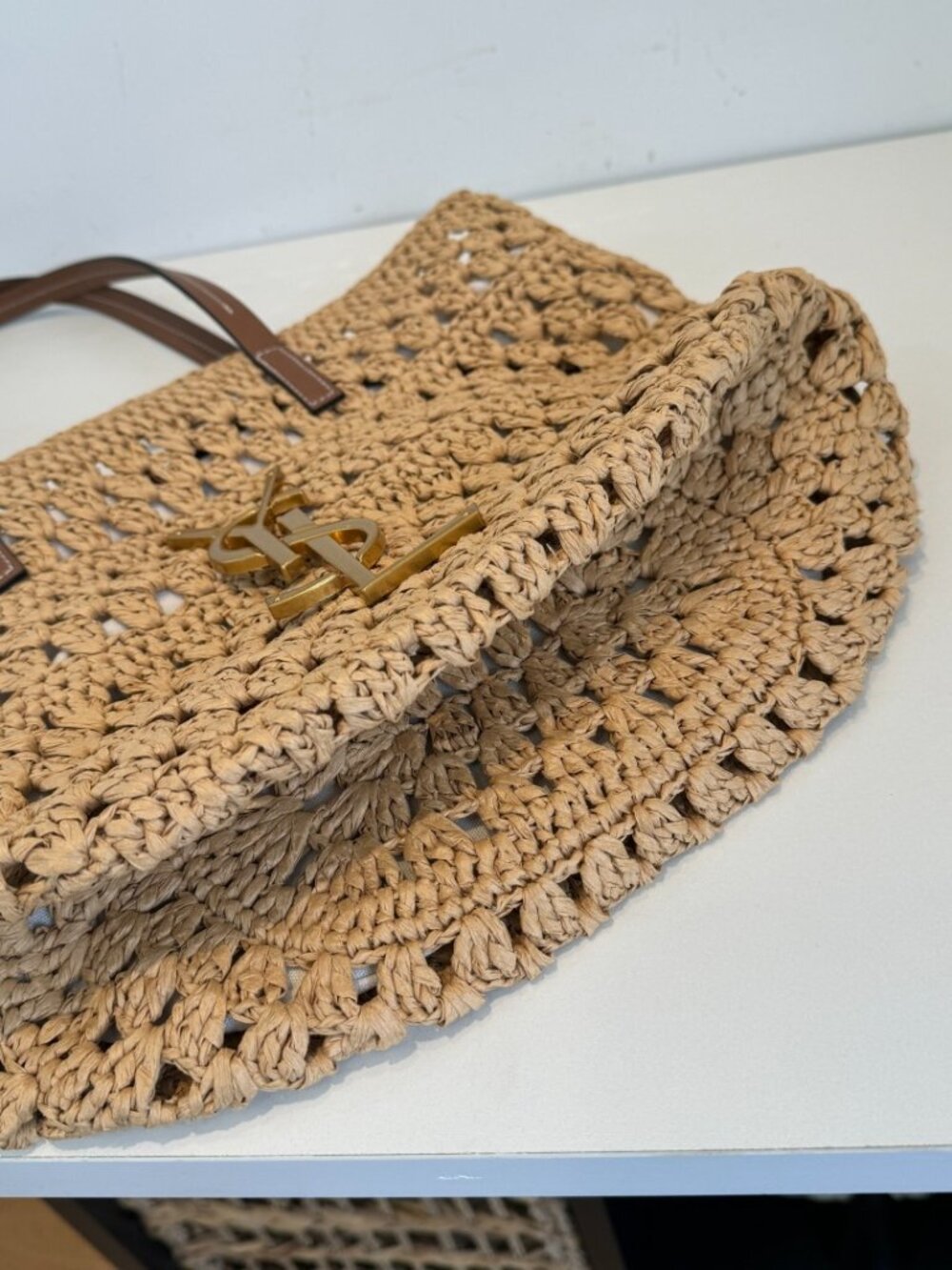 YSL Tan Raffia Tote Gold Logo - Picture 9 of 9